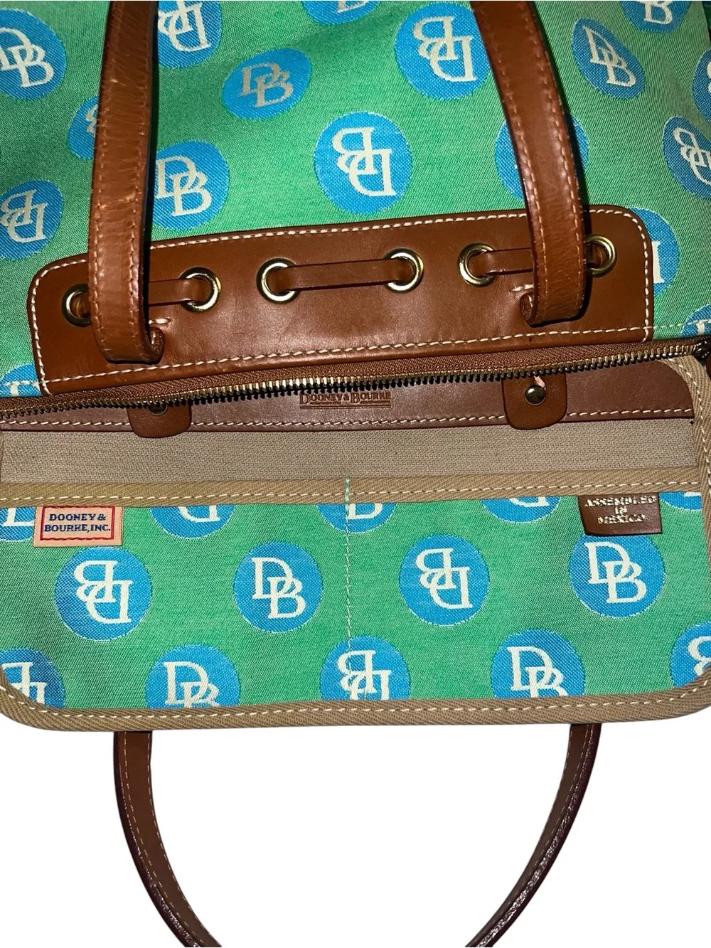 Dooney & Bourke Teal and Turquoise Canvas Shoulder Tote with Brown Leather Trim
